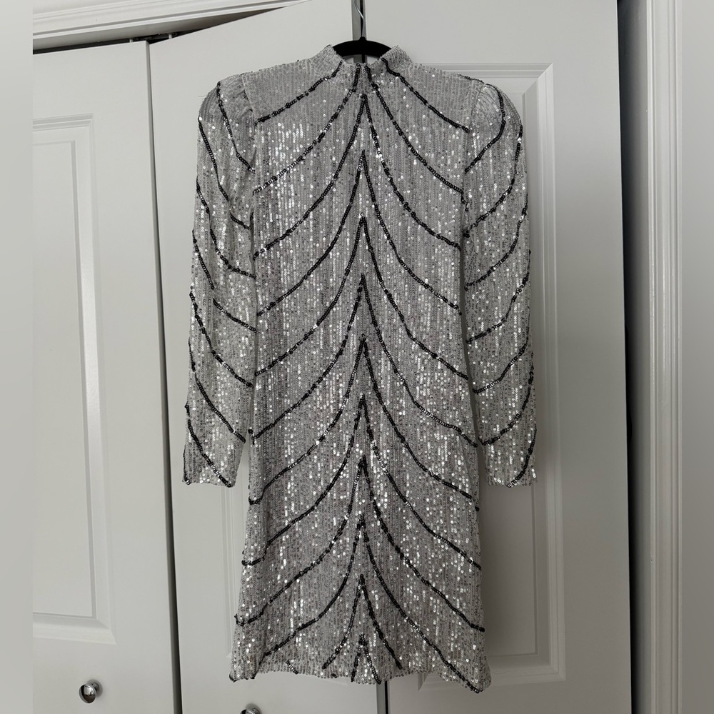 Silver Sequin Long Sleeve Mini Dress